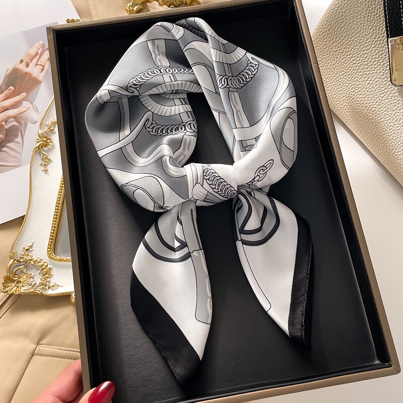 Fashion Hair Scarf for Women Decor Headband Ribbon Satin Silk Square Scarves Lady Wrist Wrap Shawls Design Bandana Foulard 2024 FJ726-1