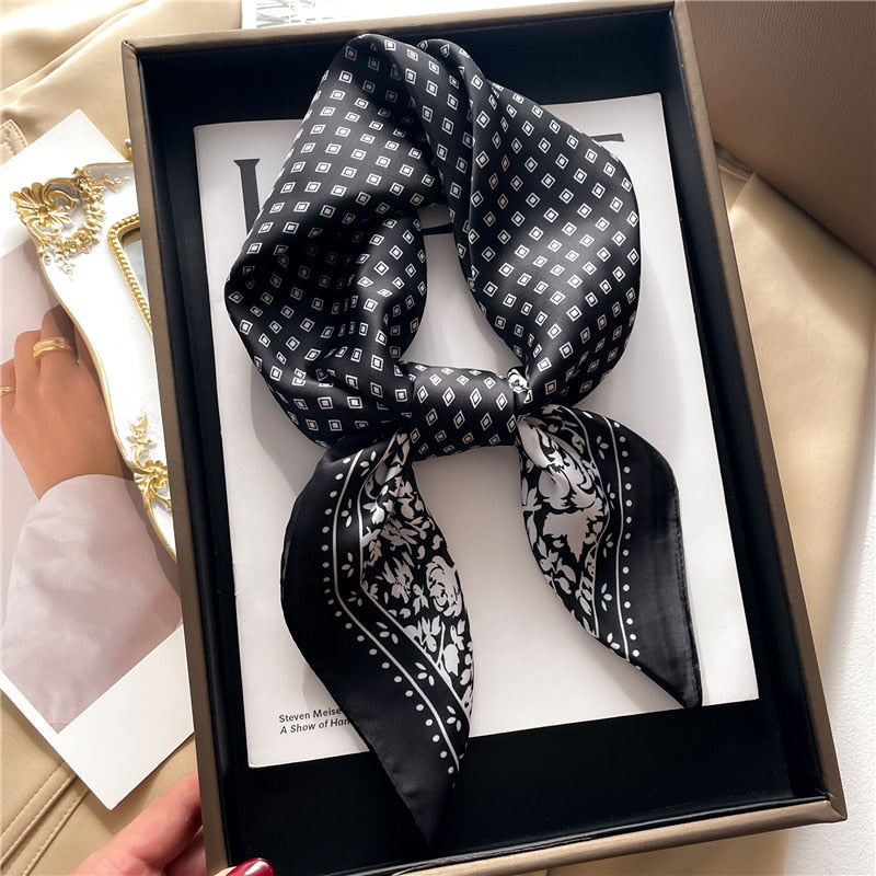 Fashion Hair Scarf for Women Decor Headband Ribbon Satin Silk Square Scarves Lady Wrist Wrap Shawls Design Bandana Foulard 2024 FJ709-4