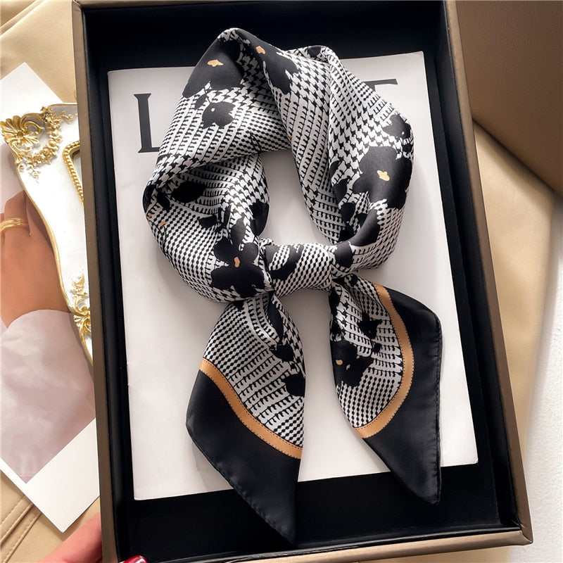 Fashion Hair Scarf for Women Decor Headband Ribbon Satin Silk Square Scarves Lady Wrist Wrap Shawls Design Bandana Foulard 2024 FJ706-4