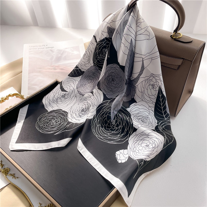 Fashion Hair Scarf for Women Decor Headband Ribbon Satin Silk Square Scarves Lady Wrist Wrap Shawls Design Bandana Foulard 2024 FJ693-1