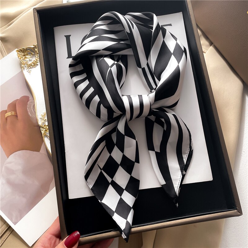 Fashion Hair Scarf for Women Decor Headband Ribbon Satin Silk Square Scarves Lady Wrist Wrap Shawls Design Bandana Foulard 2024 FJ701-1