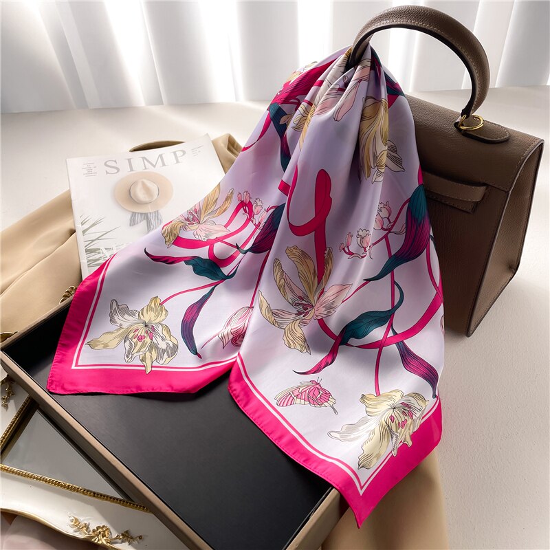 Fashion Hair Scarf for Women Decor Headband Ribbon Satin Silk Square Scarves Lady Wrist Wrap Shawls Design Bandana Foulard 2024 FJ703-3