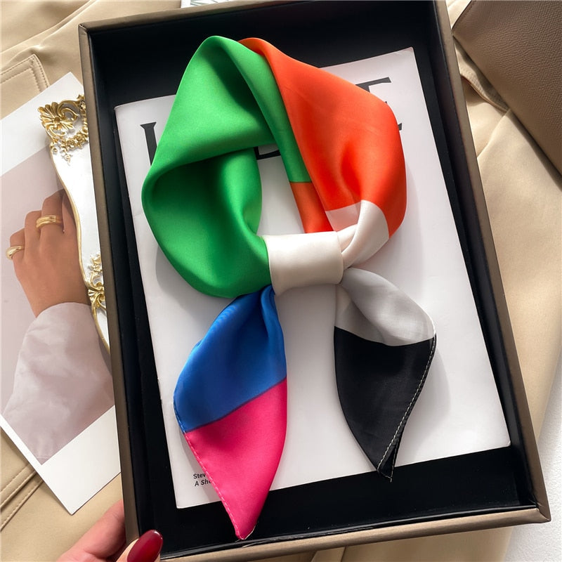 Fashion Hair Scarf for Women Decor Headband Ribbon Satin Silk Square Scarves Lady Wrist Wrap Shawls Design Bandana Foulard 2024 FJ705-1