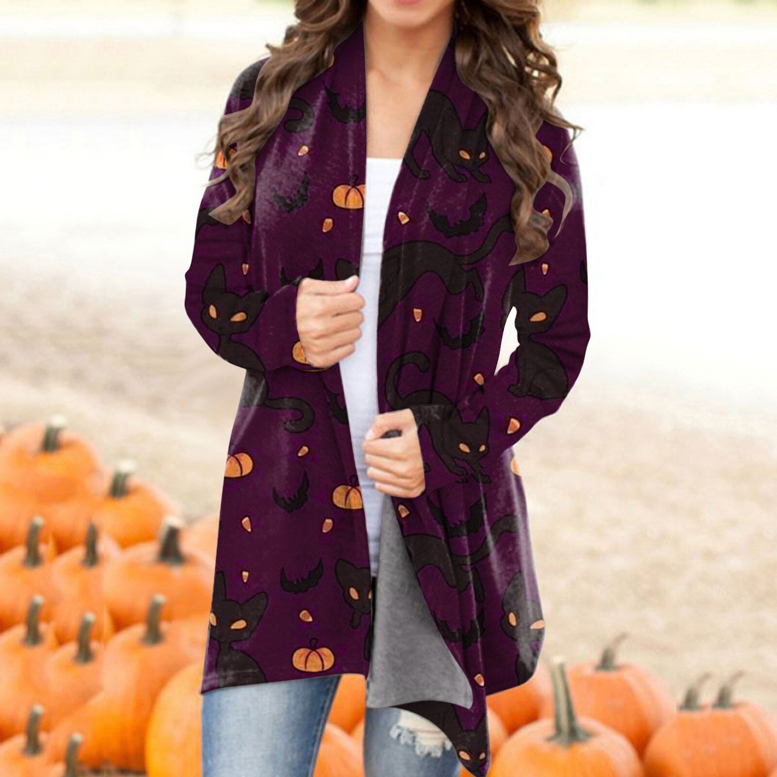 Fashion Halloween Print Cardigan Long Sleeves V-neck Button Coat Pumpkin Bat Pattern Casual Cardigans For Women Autumn Outerwear Purple