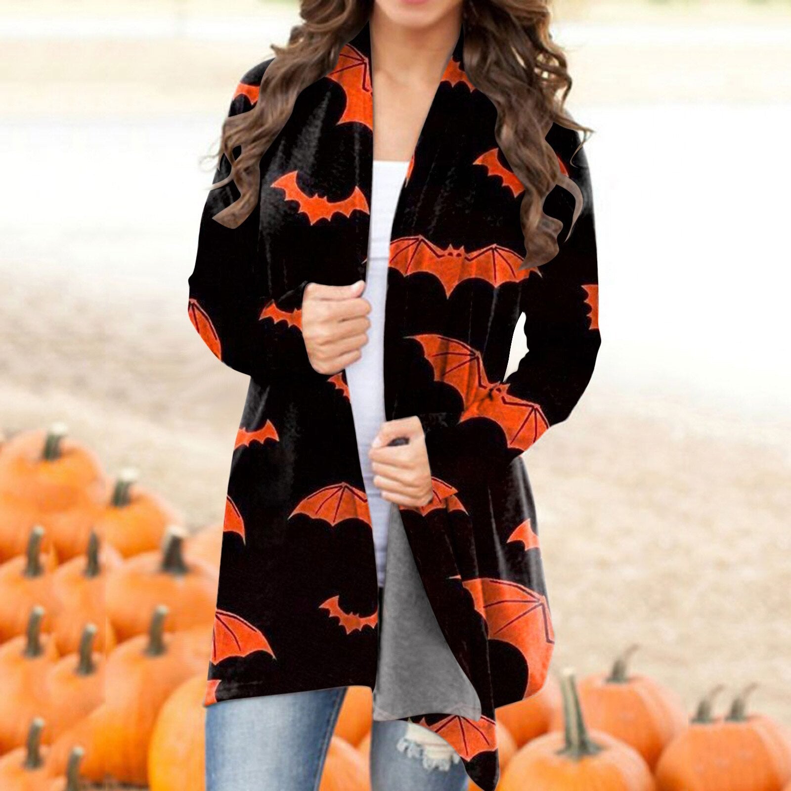 Fashion Halloween Print Cardigan Long Sleeves V-neck Button Coat Pumpkin Bat Pattern Casual Cardigans For Women Autumn Outerwear Black