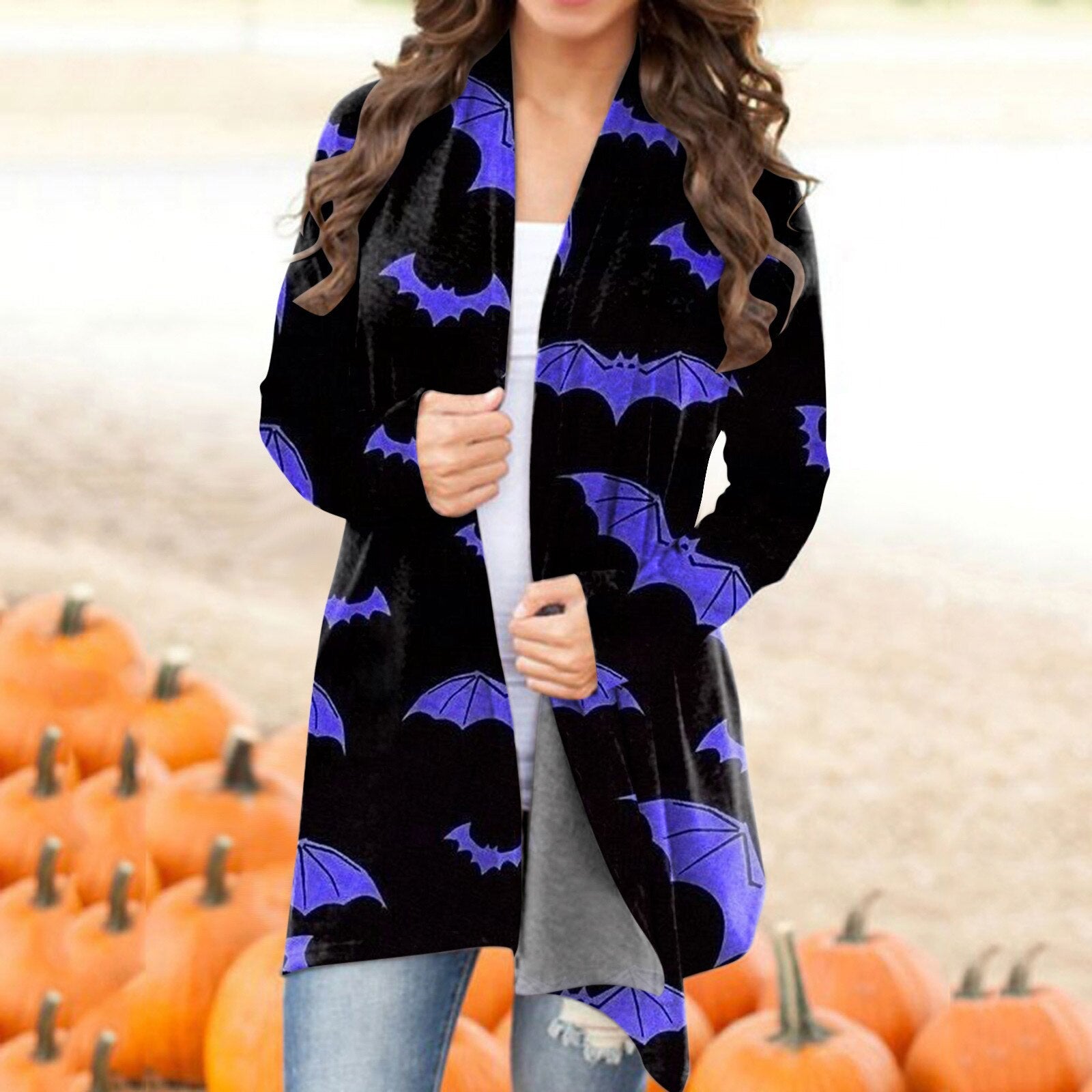 Fashion Halloween Print Cardigan Long Sleeves V-neck Button Coat Pumpkin Bat Pattern Casual Cardigans For Women Autumn Outerwear Grey