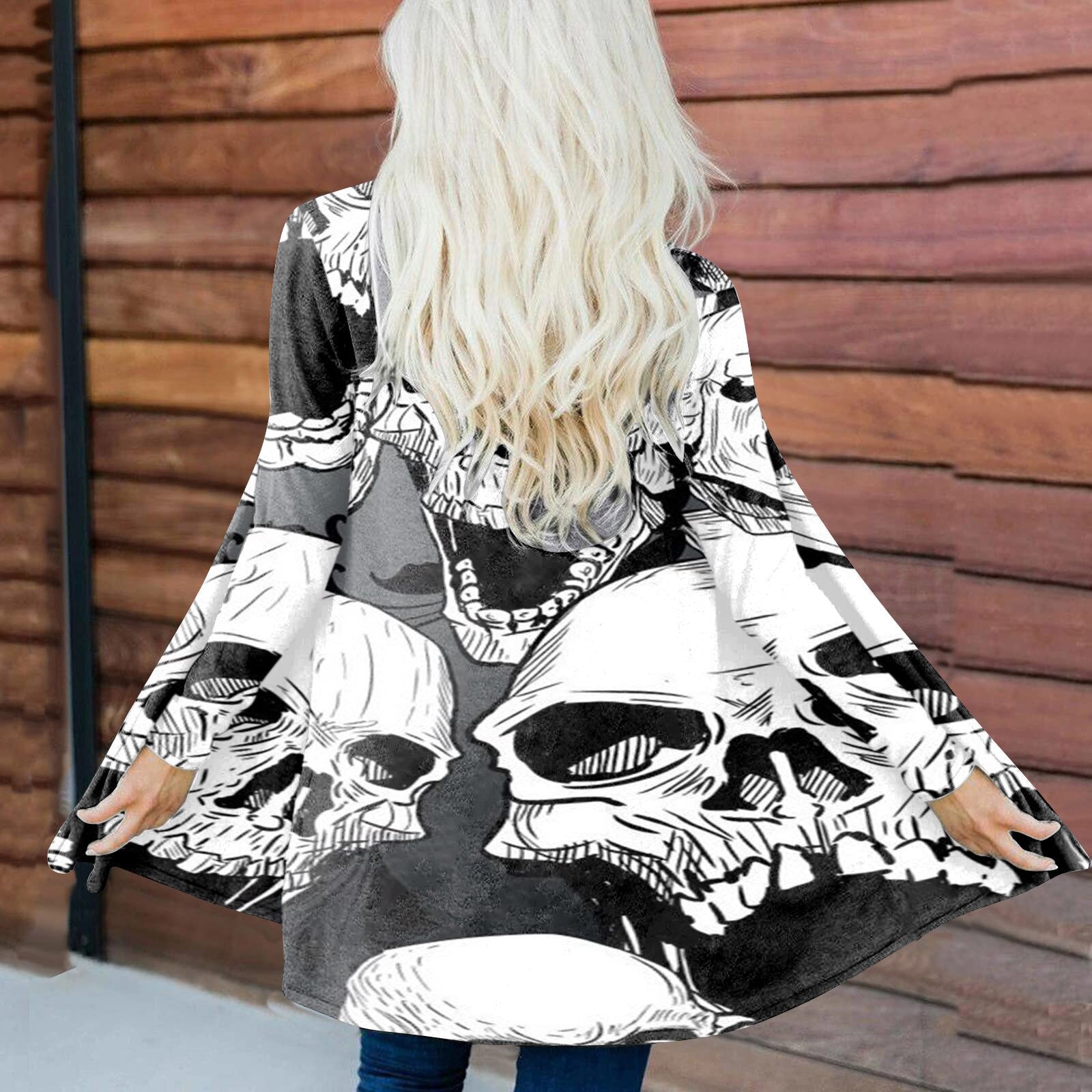 Fashion Halloween Print Cardigan Long Sleeves V-neck Button Coat Skull 3d Pattern Casual Cardigans For Women Autumn Outerwear Black