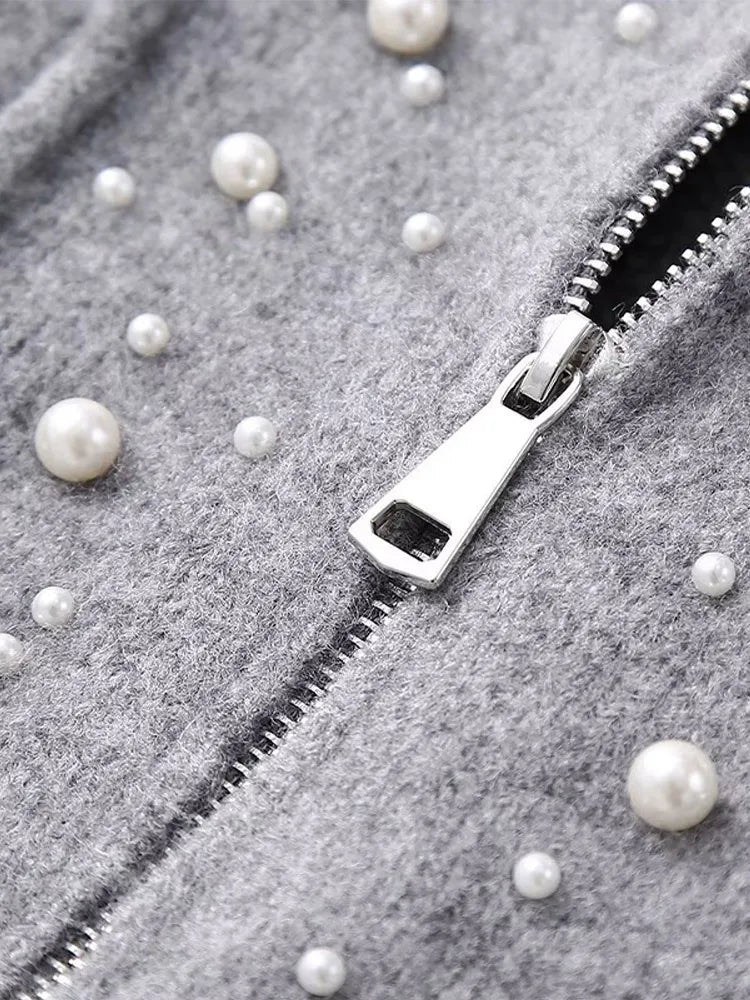 Fashion Knitted Pearl Bomber Jackets Women Vintage O-Neck Front Zipper Long Sleeved Female Coat Top Lady Grey Cropped Cardigan