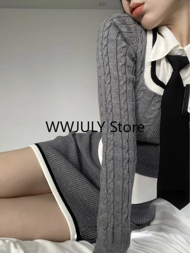 Fashion Knitted Suit Woman Y2k Crop Tops Sweater + Casual Shirt + Slim Bodycon Mini Skirt Korean 3 Piece Set Skirt 2024 Autumn