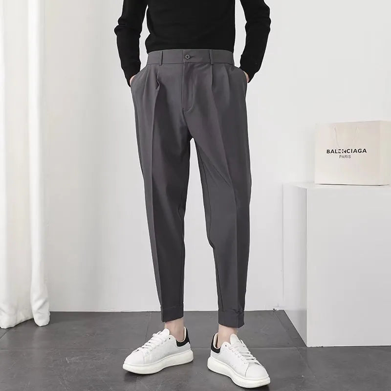 Fashion Men Casual Pants Elastic Waist Small Feet Slim Korean Style Pleated Tapered Male Blazer Pants Trousers Streetwear Dark Grey