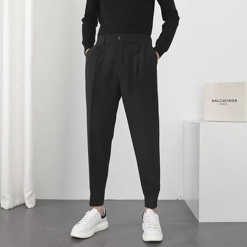 Fashion Men Casual Pants Elastic Waist Small Feet Slim Korean Style Pleated Tapered Male Blazer Pants Trousers Streetwear black