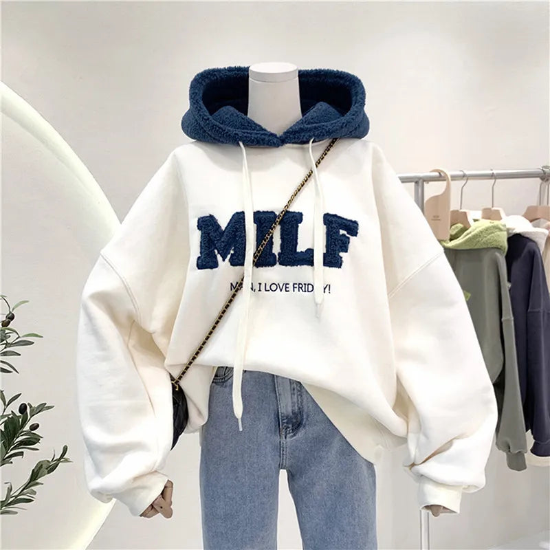 Fashion Patchwork Sweatshirt Women Autumn Winter Casual Loose Thick Letter Long Sleeve Hoodies Female Streetwear White