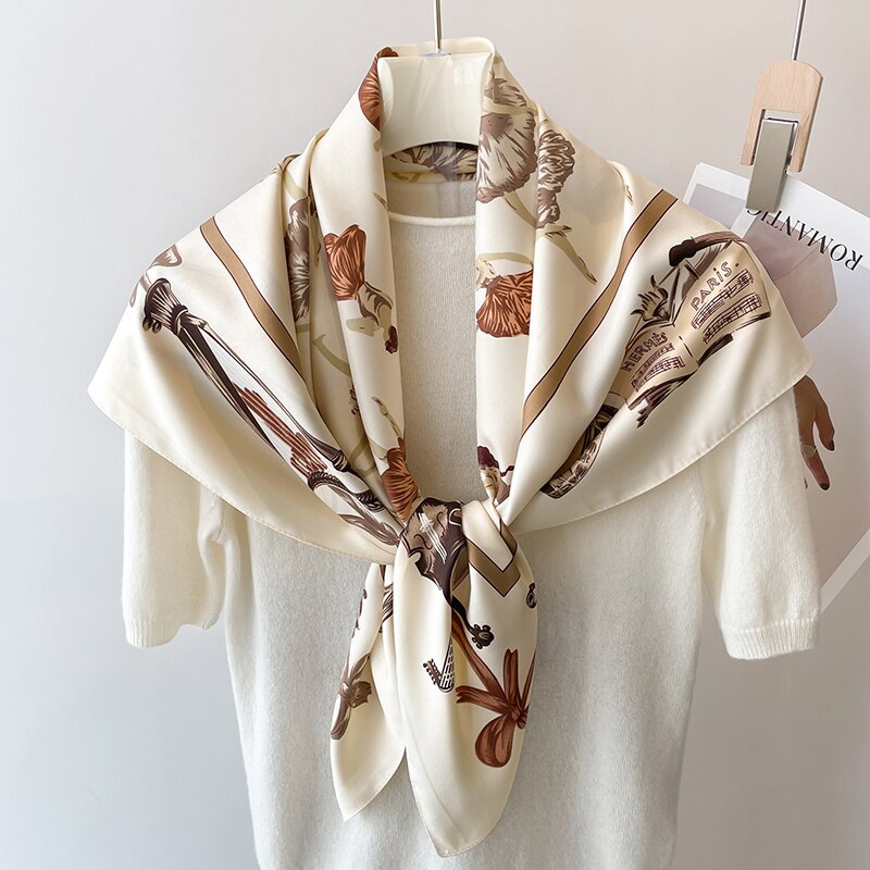 Fashion Print Printing Twill Silk Square Scarf for Women Hijab Muslim Headband Bandana Summer Shawl Beach Stoles Echarpe 2024 FN100-2