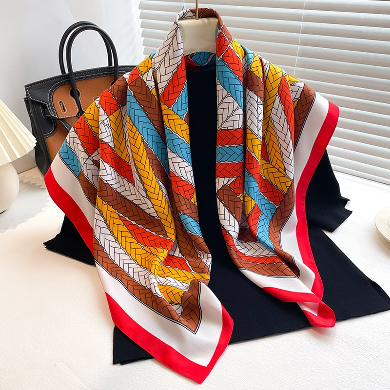 Fashion Print Printing Twill Silk Square Scarf for Women Hijab Muslim Headband Bandana Summer Shawl Beach Stoles Echarpe 2024 FN141-3