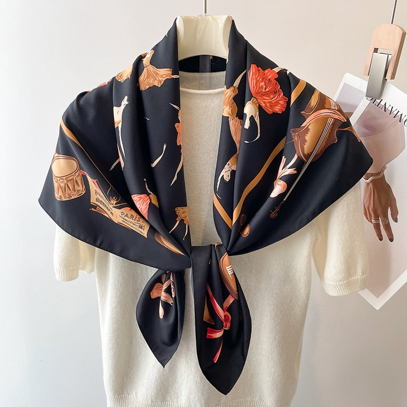 Fashion Print Printing Twill Silk Square Scarf for Women Hijab Muslim Headband Bandana Summer Shawl Beach Stoles Echarpe 2024 FN100-1
