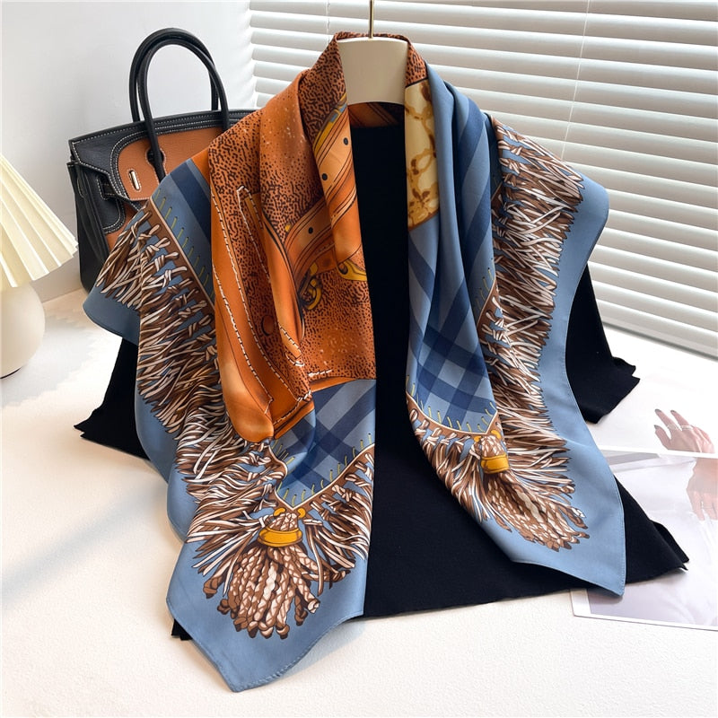 Fashion Print Printing Twill Silk Square Scarf for Women Hijab Muslim Headband Bandana Summer Shawl Beach Stoles Echarpe 2024