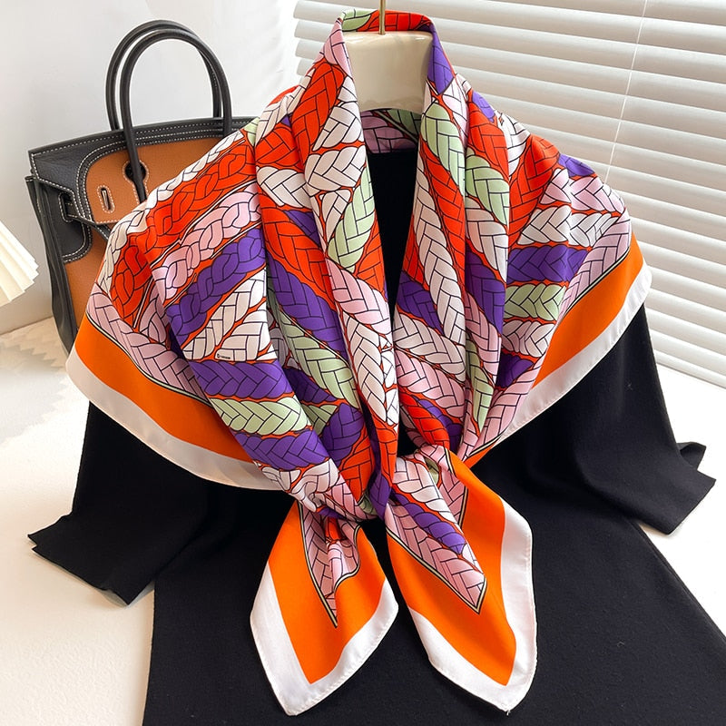 Fashion Print Printing Twill Silk Square Scarf for Women Hijab Muslim Headband Bandana Summer Shawl Beach Stoles Echarpe 2024 FN141-1