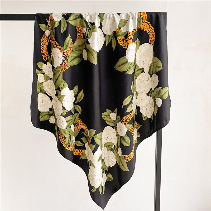 Fashion Print Printing Twill Silk Square Scarf for Women Hijab Muslim Headband Bandana Summer Shawl Beach Stoles Echarpe 2024 FN107-4