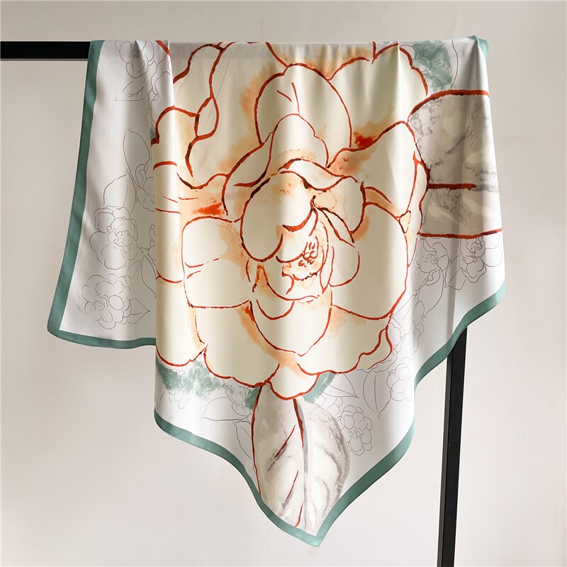 Fashion Print Printing Twill Silk Square Scarf for Women Hijab Muslim Headband Bandana Summer Shawl Beach Stoles Echarpe 2024 FN106-4