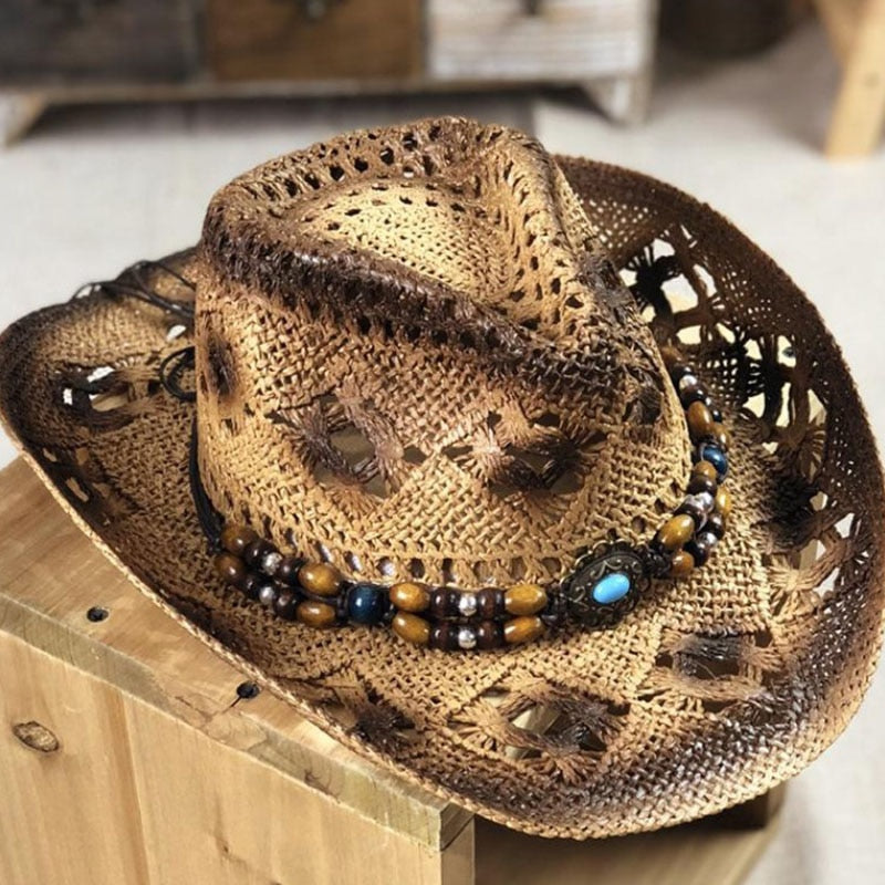 Fashion Rolled Jazz Cowboy Straw Hat Spring And Summer Men And Women Gem Strap Beach Sun Cap Outdoor Sun Shade Hollow Knight Hat Khaki
