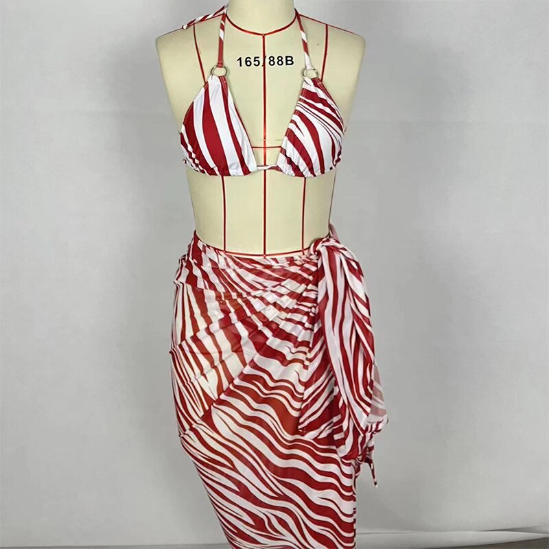 Fashion Sexy Bikini Swimsuit Summer Three Piece Print Backless Lace Up Bathing Suit Swimwear For Female