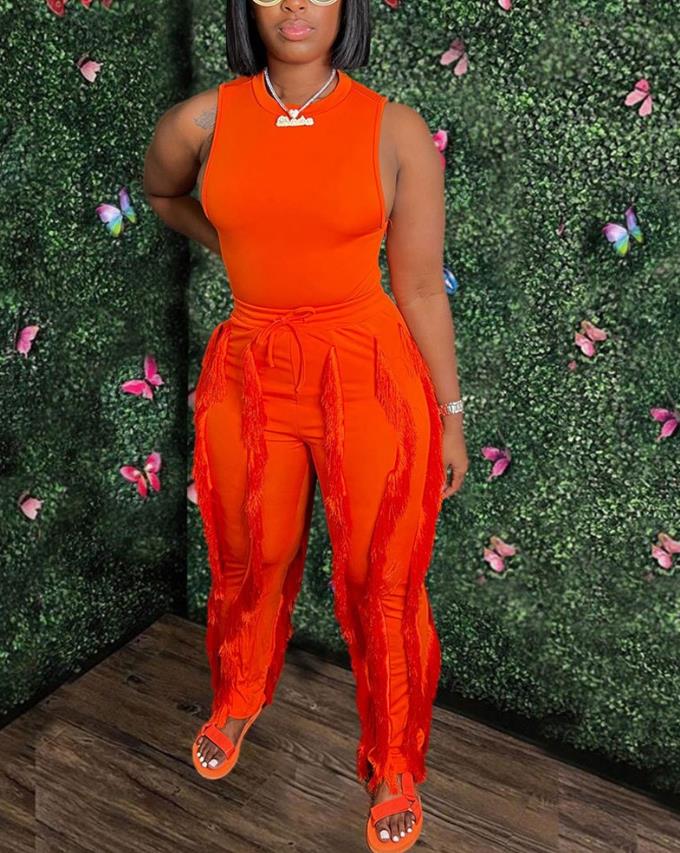 Fashion Solid Romper Casual Tank Top & Tassel Decor Drawstring Pants Set Skinny Tank Jumpsuits Summer Female Outfit Streetwear A