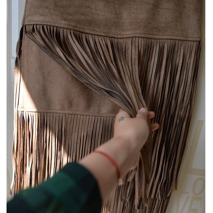 Fashion Vintage Skirts New Heavy Hierarchical High Waist Straight Leather Skirt Fringed Suede Tassel Saias Skirts Womens