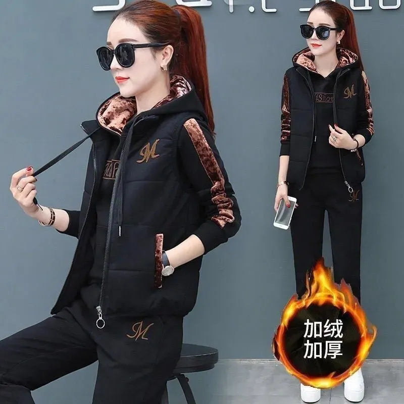 Fashion Warm Three Piece Set Women Outfit 2024 Fall Winter Thicken Tracksuit Casual Waistcoat + Hoodies + Pant Female Sweat Suit black