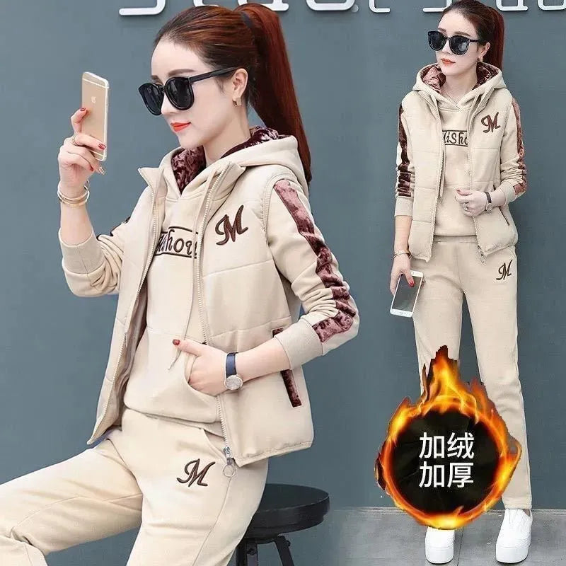 Fashion Warm Three Piece Set Women Outfit 2024 Fall Winter Thicken Tracksuit Casual Waistcoat + Hoodies + Pant Female Sweat Suit apricot