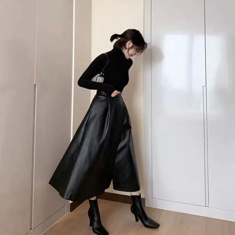 Fashion Wild High-Waisted Long Skirt Women Autumn Winter New Black PU Leather Skirts Female Elegant Streetwear Split Midi Skirts