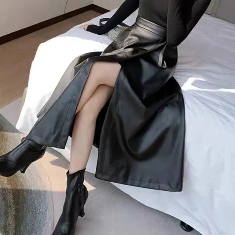 Fashion Wild High-Waisted Long Skirt Women Autumn Winter New Black PU Leather Skirts Female Elegant Streetwear Split Midi Skirts