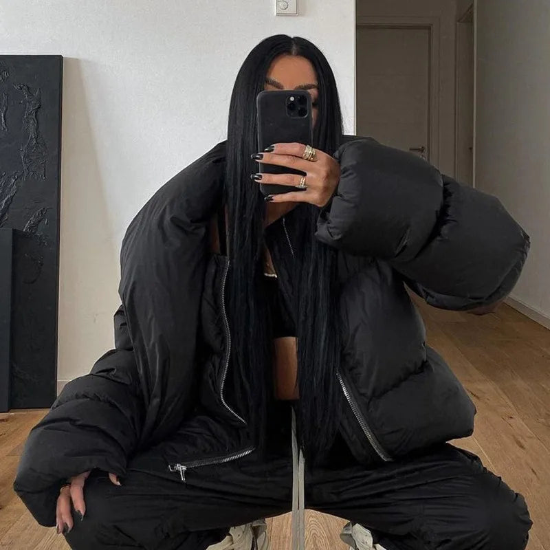 Fashion Winter Scarf Collar Zipper Puffer Jackets Beige Kahki Bubble Coats Casual Women High Street Outerwear Short Parka