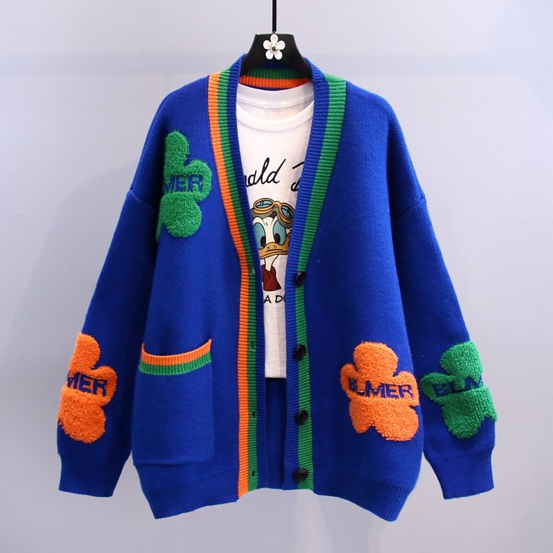 Fashion Women Knitted Sweaters Coat Autumn Winter Korean Long Sleeve V-Neck Pockets Button Cardigans Streetwear Casual Jersey Blue