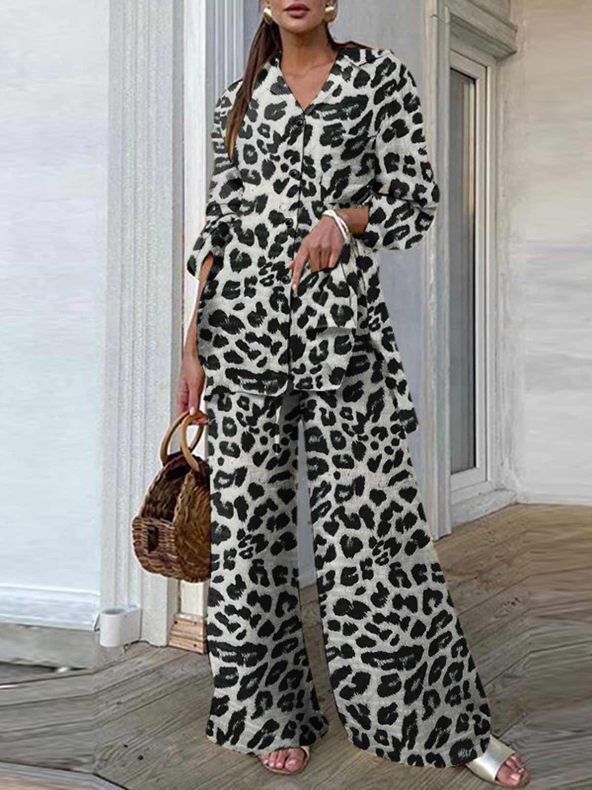 Fashion Women Leopard Print Pant Sets Casual Loose Tops and Pant Outfits Autumn Wide Leg Pant Leisure Two Piece Sets (Leopard)Dark Grey