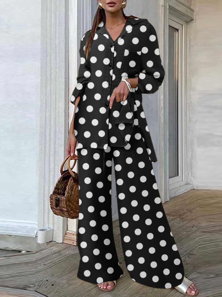 Fashion Women Leopard Print Pant Sets Casual Loose Tops and Pant Outfits Autumn Wide Leg Pant Leisure Two Piece Sets (Dot)Black