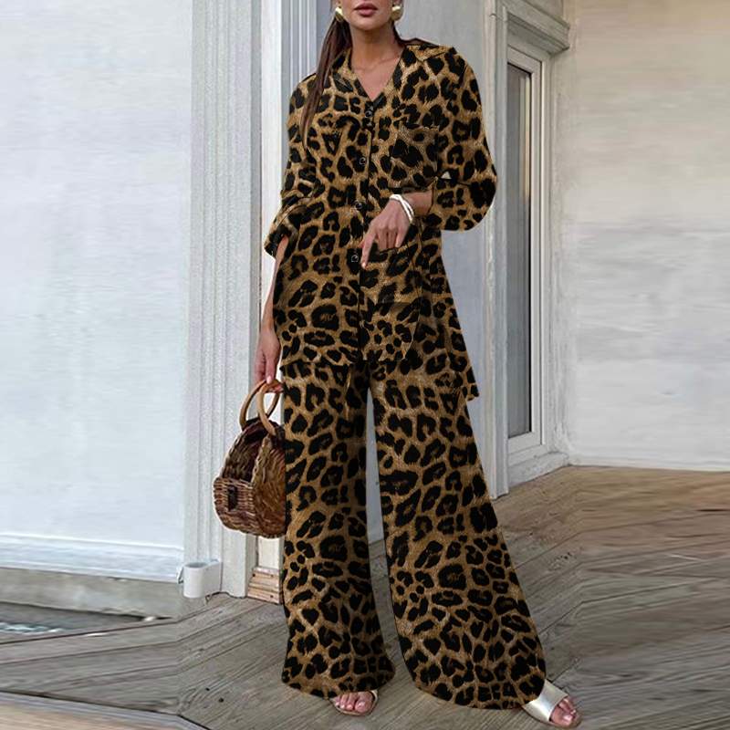Fashion Women Leopard Print Pant Sets Casual Loose Tops and Pant Outfits Autumn Wide Leg Pant Leisure Two Piece Sets