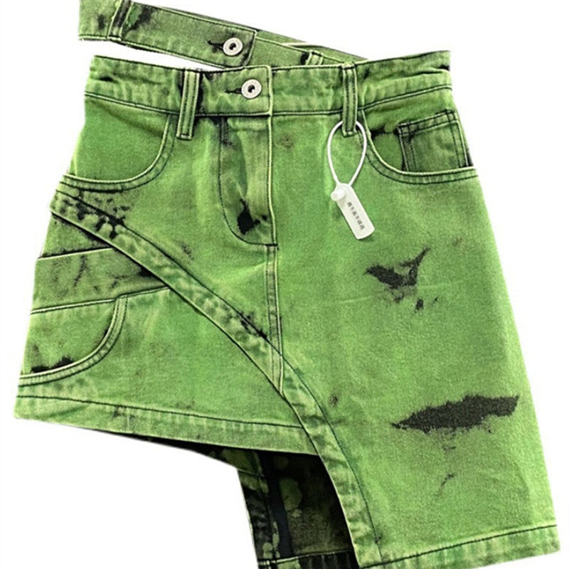 Fashion Women's Personalized Double Waist Design Green A-line Denim Skirt Asymmetric Hot Girl Short Skirts 2024