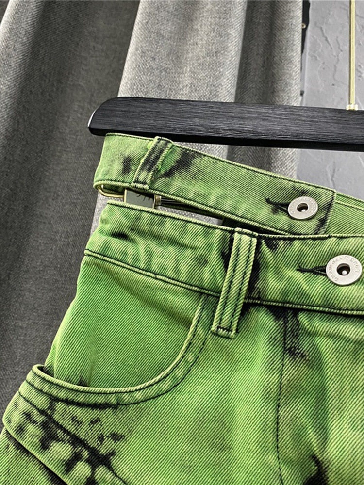 Fashion Women's Personalized Double Waist Design Green A-line Denim Skirt Asymmetric Hot Girl Short Skirts 2024