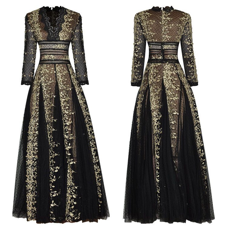 Fashion runway maxi dress V-neck high quality Lace mesh stitching Gold thread embroidery Slim party long dress Women