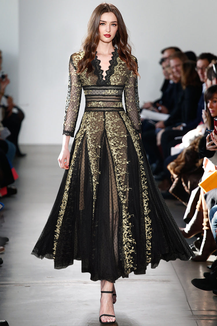 Fashion runway maxi dress V-neck high quality Lace mesh stitching Gold thread embroidery Slim party long dress Women