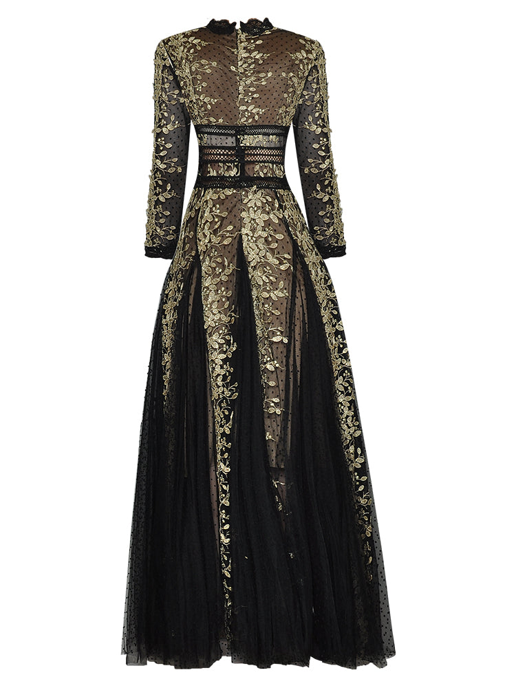 Fashion runway maxi dress V-neck high quality Lace mesh stitching Gold thread embroidery Slim party long dress Women