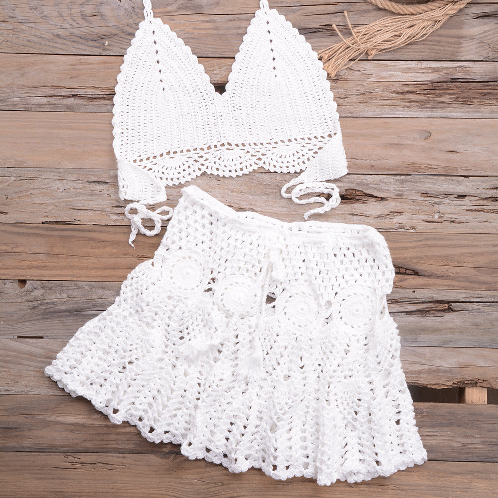 Fashionable Modern Hand-woven Beach Vacation Strappy Bikini Split Swimsuit Outfit White