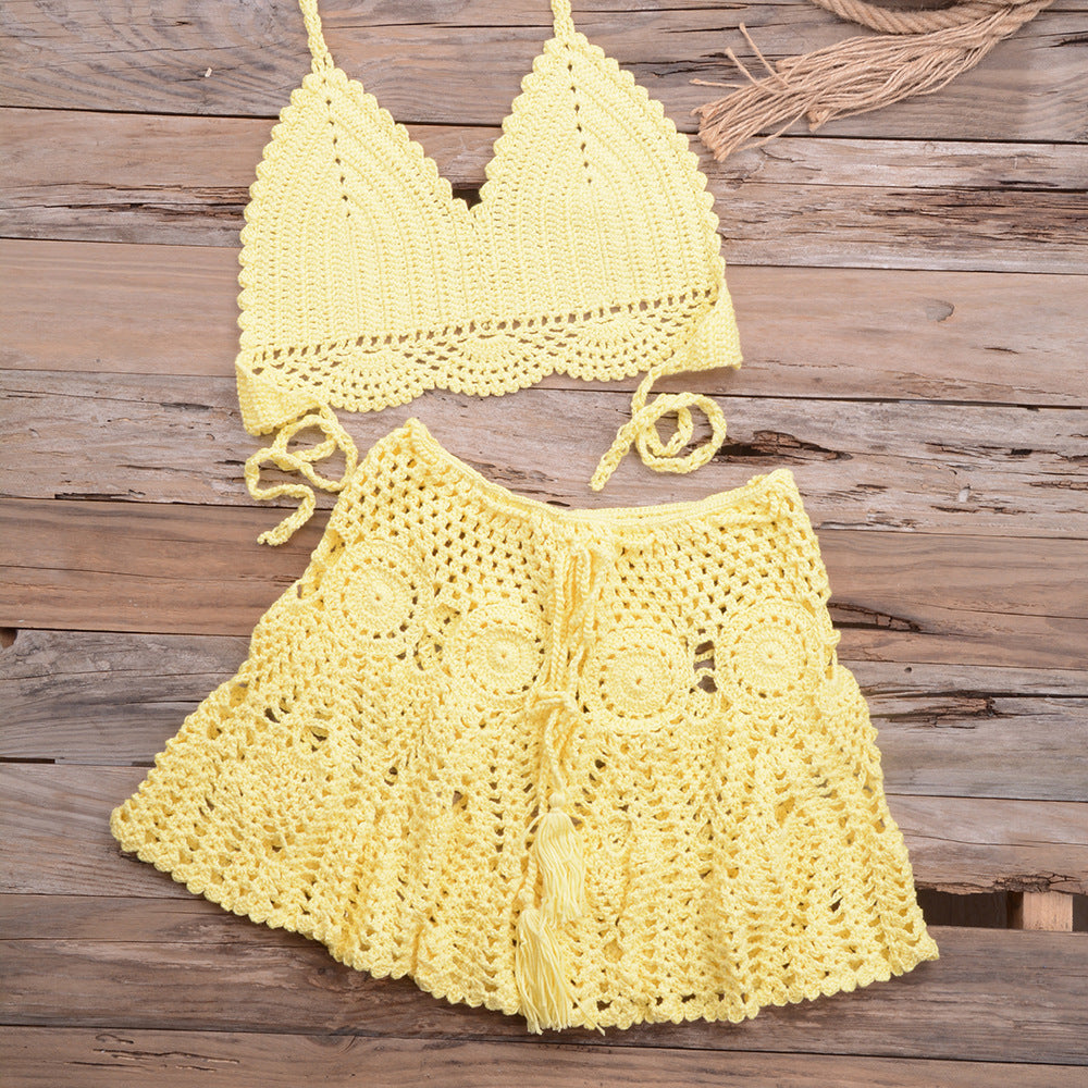 Fashionable Modern Hand-woven Beach Vacation Strappy Bikini Split Swimsuit Outfit Yellow