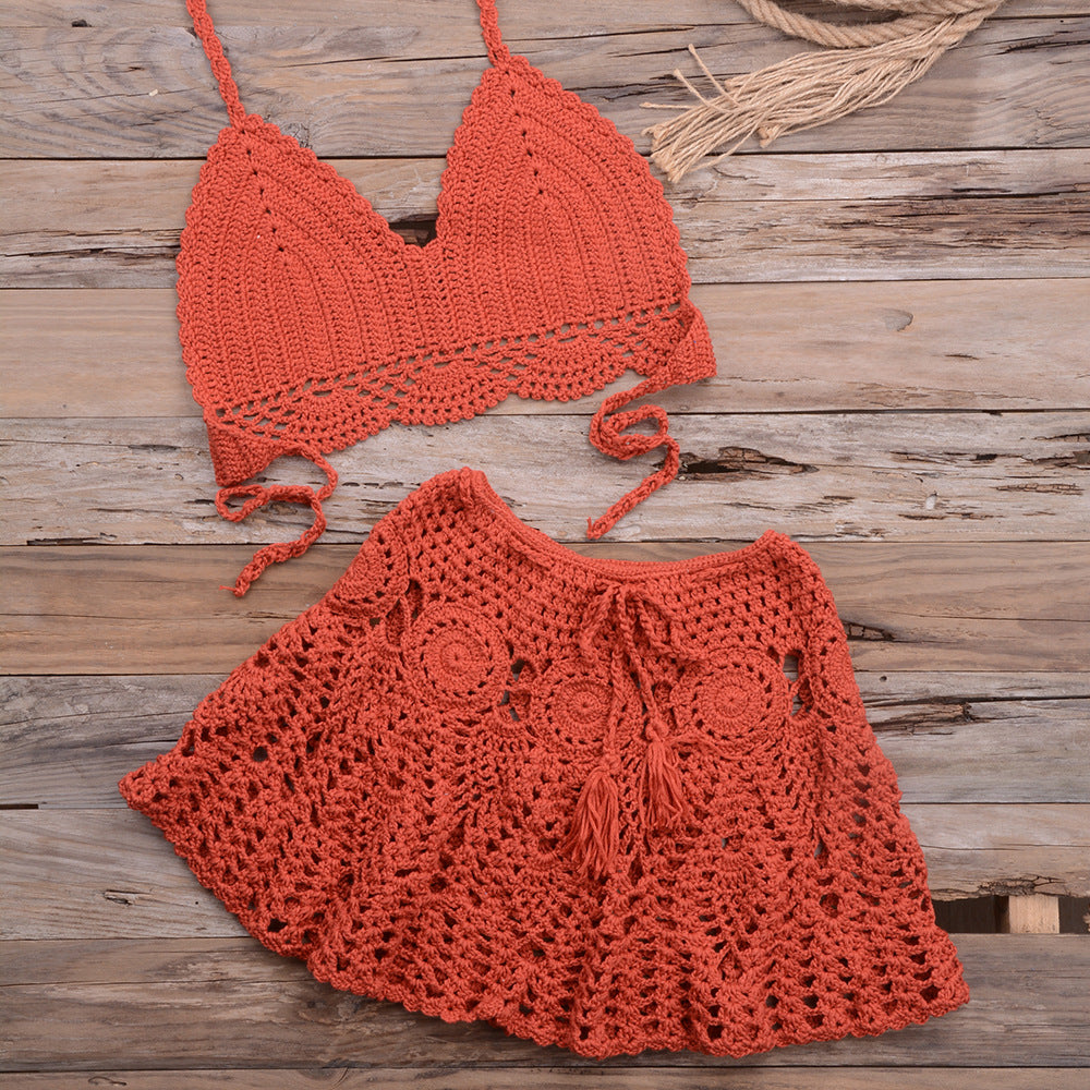 Fashionable Modern Hand-woven Beach Vacation Strappy Bikini Split Swimsuit Outfit Rust red