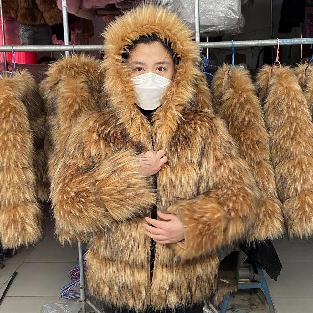 Faux Fur Coat Women's Jacket Winter Fashion Warm Thick Fox Raccoon Leather Brown Plus Size 2022 Especially Fake Fur Cold Coat Longer and hood