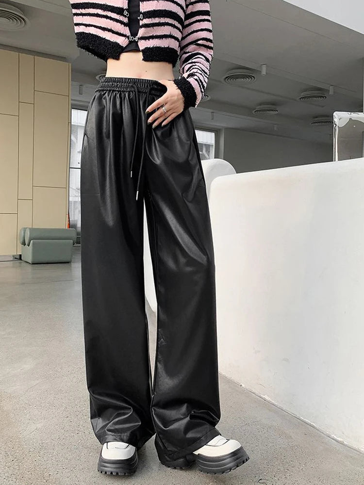 Faux Leather PU Wide-Leg Lace Up Elastic High Waist Women's Pants Fashion Full Length Pants Women Autumn Winter Straight Trouser