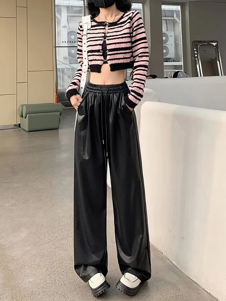 Faux Leather PU Wide-Leg Lace Up Elastic High Waist Women's Pants Fashion Full Length Pants Women Autumn Winter Straight Trouser