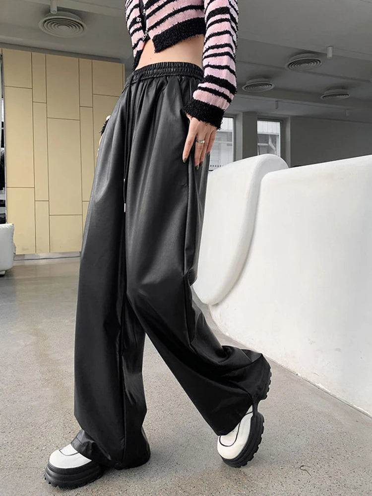 Faux Leather PU Wide-Leg Lace Up Elastic High Waist Women's Pants Fashion Full Length Pants Women Autumn Winter Straight Trouser