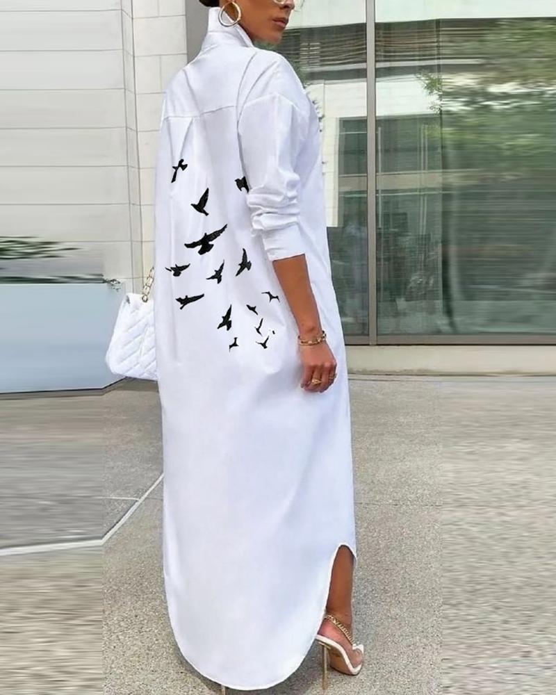 Feather Bird Print Button Down Shirt Dress Women Long Loose Fashion Casual Dress Long Sleeve Spring Summer