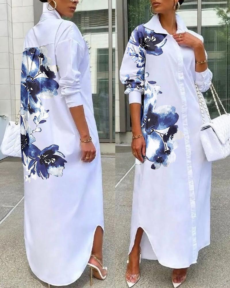 Feather Bird Print Button Down Shirt Dress Women Long Loose Fashion Casual Dress Long Sleeve Spring Summer LZR13541A1